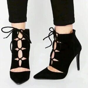 Aldo Eraede Lace Up Stiletto Ankle Boots Cut Out Black Suede 7.5